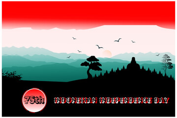 Indonesia Happy Independence Day, 17 August poster, banner, and use borobudur temple with mountains and sun. Nature vector background, landscape. Panorama of mountains on sunrise.