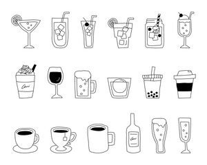 飲み物の手書きイラストのセット ジュース ワイン コーヒー カクテル おしゃれ Alcohol Poster Alcoh Yugoro