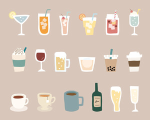 飲み物の手書きイラストのセット／ジュース／ワイン／コーヒー／カクテル／おしゃれ