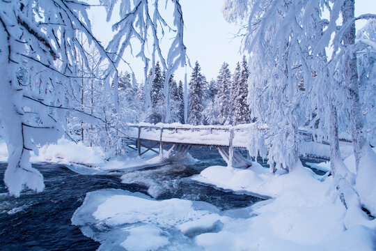 Wooden bridge over flowing river rapids during a very cold and frosty weather in a true winter wonderland in Finnish nature, Northern Europe. 