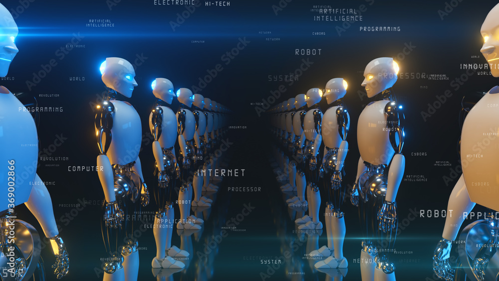 Poster an endless corridor of robots facing each other. future technology and artificial intelligence conce
