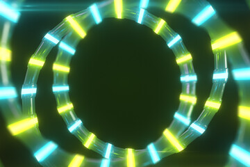 An abstract metallic structure with a neon glow spins in an endless loop. Modern light spectrum. 3d illustration