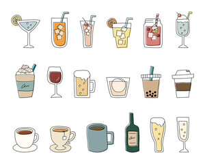 飲み物の手書きイラストのセット ジュース ワイン コーヒー カクテル おしゃれ Alcohol Poster Alcoh Yugoro