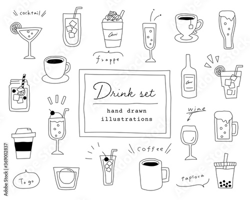 飲み物の手書きイラストのセット ジュース ワイン コーヒー カクテル おしゃれ Alcohol Poster Alcoh Yugoro