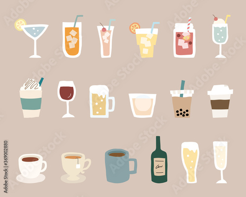 飲み物の手書きイラストのセット ジュース ワイン コーヒー カクテル おしゃれ Alcohol Canvas Print Alcoh Yugoro