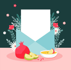 Greeting card with envelope and symbols of rosh hashanah, Jewish new year. Shana Tova.