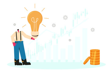 Ivestment idea concept. Stock market boom. Man with lightbulb and coins stack. Vector flat illustration.