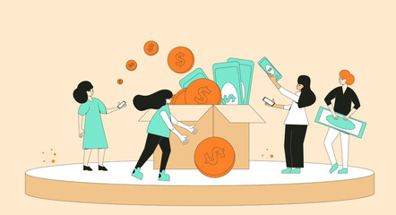 Crowdfunding concept. Young people raising money together. characters with huge coins and donation box. Startup investment with volunteers. Line art flat vector illustration. 