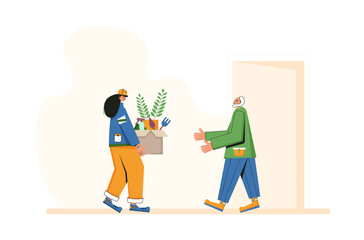 Plant delivery. Courier with a box in her hands and senior customer under home door. Vector flat illustration. 