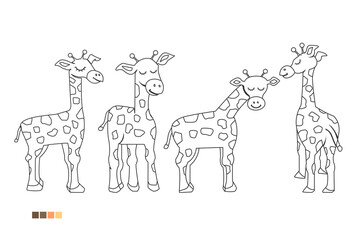 Coloring book for children, set of giraffes, illustration of cartoon giraffe, vector format