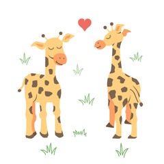 Illustration of a Giraffe Couple Facing Each Other, cartoon vector illustration on white background