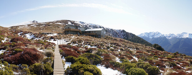 Panoramic mountain views near Luxmore Hut in the Fiordland National Park along the Kepler Track near Te Anau in New Zealand.