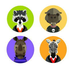 Hippo, rhino, raccoon and zebra
