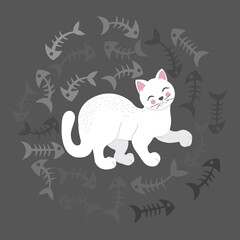 Illustration of a white cat surrounded by a fish bones cartoon-style illustration on a dark background, vector eps 10 format