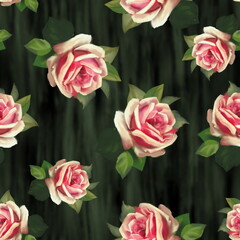 Vintage Floral Seamless Background with Pink Roses on dark background. Pastel painting style