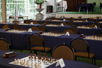 
Chess board with figures before starting chess tournament