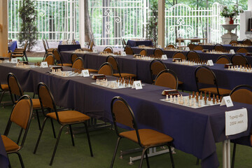 
Chess board with figures before starting chess tournament