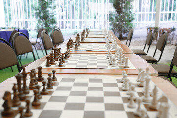 
Chess board with figures before starting chess tournament