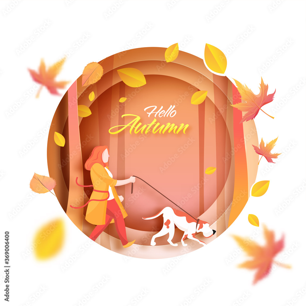 Sticker Hello Autumn Font With Faceless Woman Holding Dog Leash in Walking Pose And Leaves Decorated Paper Circle Layer Cut Background.