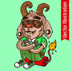 Goat teenager. Ram hipster sits on huge firecracker. Brutal sheep with glasses sitting on fireworks. Swag print for t-shirt and tee. Tshirt design. Tee graphics. Print for merch. Vector illustration