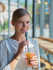 Calm beautiful happy young woman in relaxed mood looking outdoors and smiling sitting at the bar counter near big window with healthy delicious fresh lemonade glass dressed trendy white shirt