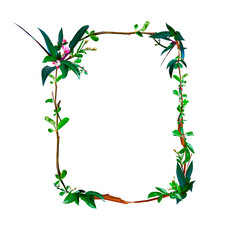 Vector vertical rectangular frame consisting of blossoming flowers, branches, leaves, buds Wreath, floral and herbs garland. Botanic design green ornament concept in lowpoly style isolated on white