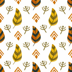 Watercolor seamless pattern of orange feathers on a white background. Tribal art.