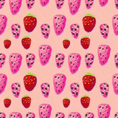 Seamless pattern with ripe strawberry. Hand drawn texture with berries watercolor background