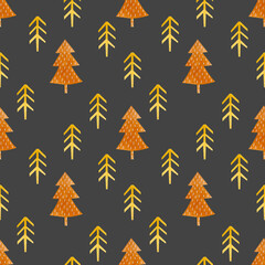 Christmas watercolor seamless pattern of orange fir tree on gray background. Scandinavian style.