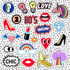 Set of patches and stikers, pins, badges, pop art elements: diamond, heel shoe, wow label, star, rainbow, open mouth, red lips, unicorn, lipstick, smile heart, love. Vector. Style of 80s-90s.