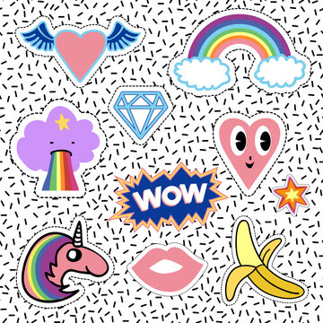 Set of pomantic pink hippy patches and stikers, pins, badges, pop art elements: diamond, banana, wow label, star, rainbow, mouth, pink lips, unicorn, smile heart, love. Vector. Style of 80s-90s.