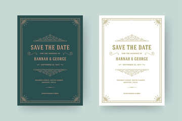 Wedding invitation and save the date cards flourishes ornaments vignette swirls.