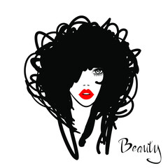 Beauty Logo. Beautiful sexy woman face, red lips, black hand drawn hair style, fashion hairdresser, element design, spa salon. Vector illustration. Isolated on white. 