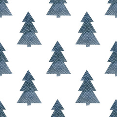 Winter watercolor seamless pattern of gray Christmas trees on a white background. Scandinavian style.