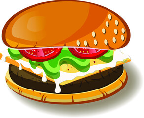 Delicious fried  burger  on white back ground.  Vector illustration