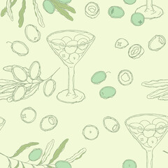 Seamless pattern with olive and olive bunch. Can be used like pattern for kitchen textile, wrapping paper and cards. Vector illustration.
