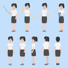 Obraz premium Set of teacher woman in various action Cartoon flat Education concept.
