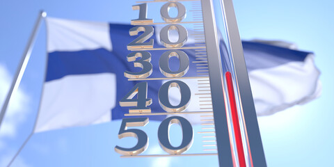 Minus 30 degrees centigrade on a thermometer measuring near flag of Finland. Very cold weather forecast related 3D rendering