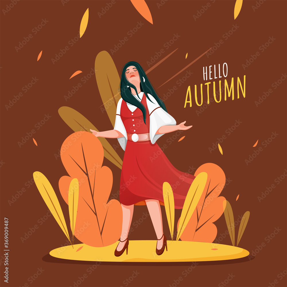 Poster young girl enjoying autumn season on brown background can be used as poster design.