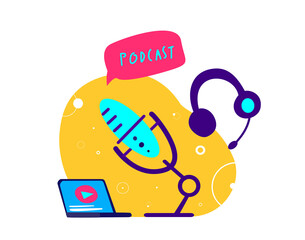 Online Blogging Podcast Vector Illustration.Drawn Podcasting Headphones,Microphone,Media Radio.Broadcast Internet Recording Studio. Multimedia Blogger Podcaster,Broadcaster. Entertaining Communication