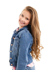 Obraz premium Portrait of adorable smiling little girl child preteen standing isolated