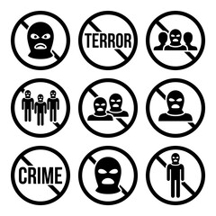 Stop terrorism, no crime, no terrorist group warning signs vector icons set