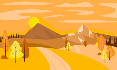Flat vector autumn landscape with road, trees, hills and mountains. Cartoon illustration.