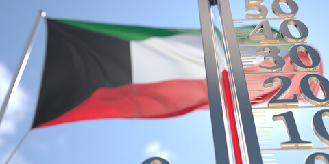 30 degrees centigrade on a thermometer measuring air temperature near flag of Kuwait. Hot weather forecast related 3D rendering