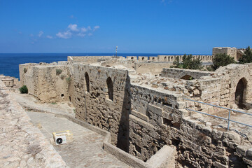 Dilapidated fortress in the city of Kyrenia, view of the Mediterranean sea. Kyrenia. Cyprus.