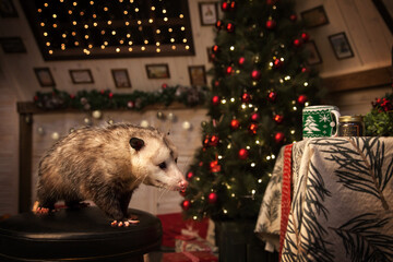 The Virginia opossum in decorated room with Christmass tree.