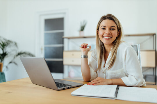 Portrait of a cheerful accountant at home office.