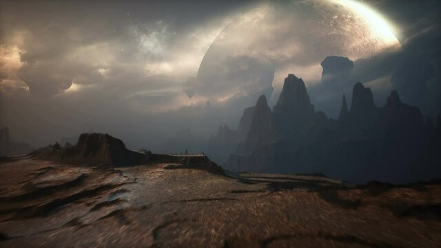 Panoramic landscape on the surface of an alien unusual planet. Realistic cinematic animation.
