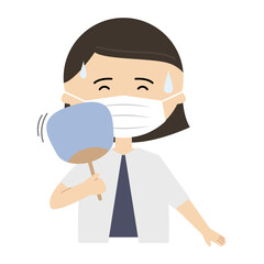 うちわで扇いでいるマスクをつけた女性のイラスト　(上半身)