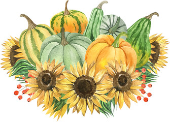 Watercolor Sunflowers and pumpkins compositions. Thanksgiving card